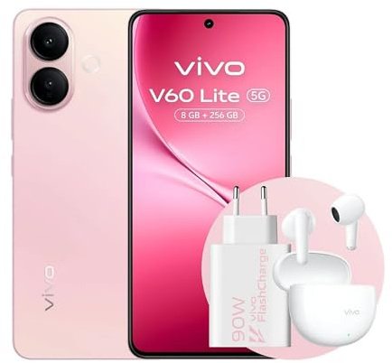 vivo V60 Lite 5G, Coffret avec Buds Air3 + Chargeur 90 W, Batterie BlueVolt 6500 mAh, Appareil Photo IA, Sony IMX882 50 MP, Aura Light, 8+8 Go RAM, 256 Go ROM, Écran AMOLED 120 Hz, IP65, NFC