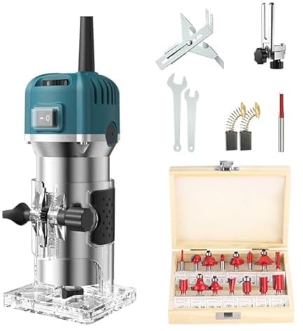 Elektrische Oberfräse aus Holz, 800 W, elektrische Oberfräse, Holzfräse, 0 – 30.000 U/min, mit 15 Fräsen 1/4 Cutter, mit Spannzange 6,35 mm, 6 Gänge, für Holzbearbeitung