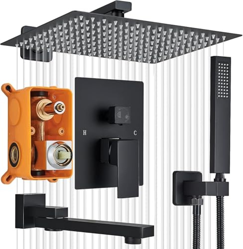 Duschsystem Unterputz Thermostat Schwarz Duscharmatur JUNSOTTOR 30 * 30cm Regendusche Duschset mit Kopfbrause Handbrause Messing für Badewannen