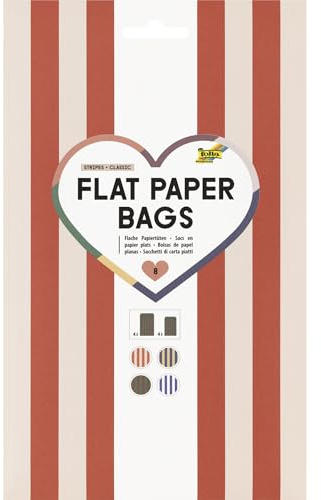 folia 42129 - Flat Paper Bags STRIPES CLASSIC, 8 Flache Papiertüten aus FSC-Mix Papier in 2 Größen und je 4 Farben, zum Basteln, Verzieren und Verschenken