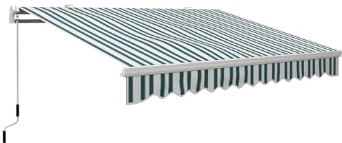 Toldo de brazo articulado manual blanco/verde, 4 m, manivela, marco de aluminio, resistente a los rayos UV, toldo de cassette, montaje en pared