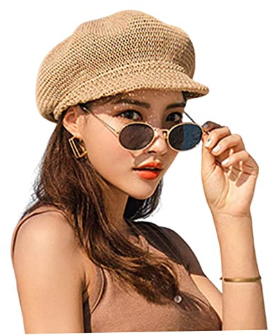 Pesoncarl Strohkappe Damen Sommer Zeitungsjunge Mütze Stroh gestrickter Strand Sonnenhut mit verstellbarem Seil für Damen Sonnenhut
