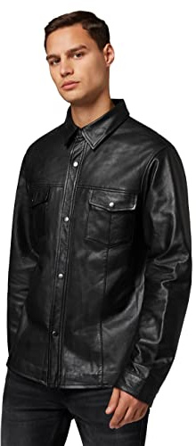 RICANO Mens Shirt - Herren Langarm-Lederhemd (Slim Fit) aus echtem Lamm Nappa Leder in Schwarz