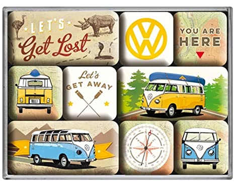 Nostalgic-Art Retro Kühlschrank-Magnete, 9 Stück, VW Bulli – Let's Get Lost – Volkswagen Bus Geschenk-Idee, Magnetset für Magnettafel, Vintage Design