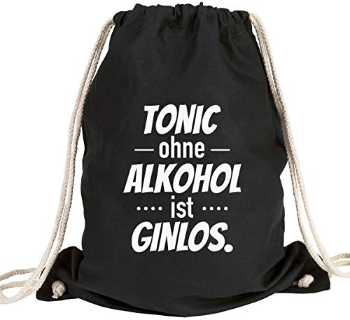 JUNIWORDS Turnbeutel - Wähle ein Motiv & Farbe - Tonic ohne Alkohol ist Ginlos. (Beutel: Schwarz, Text: Weiß)