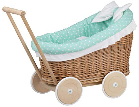 e-wicker24 Alles aus Weide Puppenwagen aus Weide mit Bettwäsche perfekte Geschenkidee Korbpuppenwagen schöner Spielzeug aus Korbgeflecht Korbwagen für Puppen Spielzeug für Mädchen (Natur, Mint)