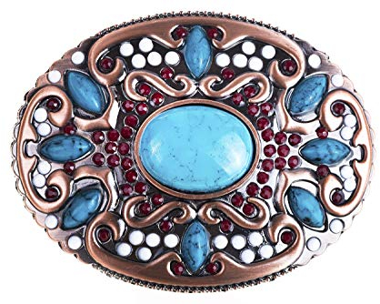 Damen-Gürtelschnalle, Wechsel-Schnalle, ovale Form mit modischen Steinen in rot, weiß und türkis besetzt. Kupferfarbene Metall-Ornamente. Country-Style