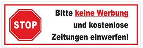 Aufkleber Stop Bitte keine Werbung und kostenlose Zeitung einwerfen! I 15 x 4,9 cm I Gegen Reklame im Briefkasten I wetterfest I hin378