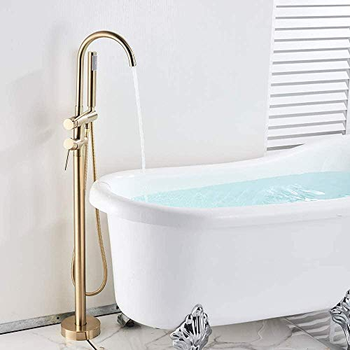 Bodenmontierte Badewanne Badezimmer Freistehende Wannenarmatur ABS Handbrause Mischbatterie 360 ° Einfüllstutzen mit Bad Kalt- und Heißmischer Duscharmaturen-Gebürstetes Gold