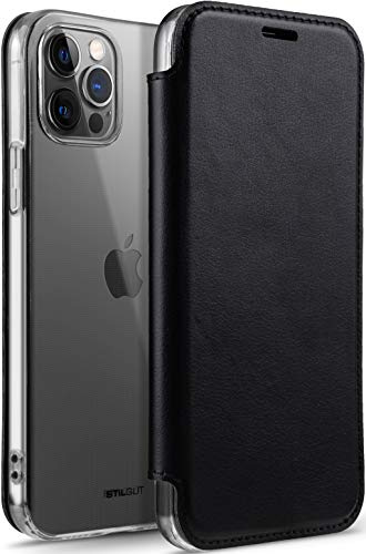 STILGUT Schutzhülle für iPhone 12 Pro Max, transparente TPU-Schutzhülle mit Kartenfach aus Nappaleder mit RFID/NFC-blockierung, Schwarz