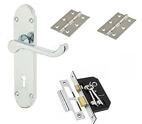 Haven Heritage Door Handle Set Polished Chrome Epsom Style, Victorian Scroll, 2.5 Mortice Lock and Handle, Includes Hinges, Secure Door Lock System - 1 Complete Set