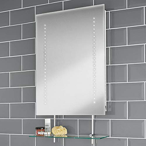 Pebble Grey™ Belice Illuminated LED Bathroom Mirror with Shelf, Shaver Socket and Heated Demister Mirror Pad | Motion Sensor Switch | 450 x 600 | IP44 Rated