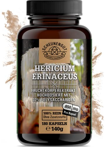 Lions Mane 1950mg -WICHTIG: 30:1 Extrakt (=58500mg Hericium Erinaceus pro Tagesdosis) +30% Polysaccharide +5% Beta Glucan -Lions Mane Kapseln- Vegan + Laborgeprüft DE SCHEUNENGUT®