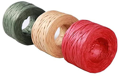 Lot de 3 rouleaux de ruban de papier raphia mat de Noël - Rouge et vert naturel - 50 m - Pour emballage cadeau