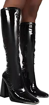Aiihoo Damen Glänzendes Lackleder Oberschenkel Hohe Stiletto Stiefel Mode Seitlicher Reißverschluss Spitze Hochhackige Schuhe Clubwear Schwarz Square Toe 39.5 EU