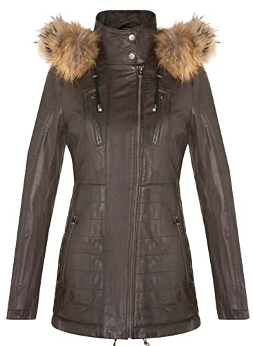 Braun Damen Leder Parka Jacke Gesteppte Abnehmbare Kapuze Regenmantel 3XL