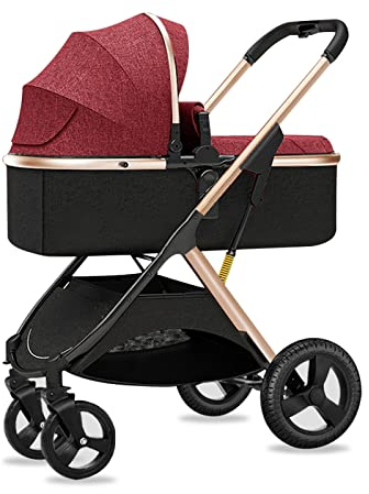 Leichter Kinderwagen Für Kleinkinder Faltbarer Kinderwagen Mit Verstellbarer Rückenlehne,Rahmen Aus Aluminiumlegierung | Stoßfederräder,Liegekorb Mit Mehreren Positionen (Color : Red)