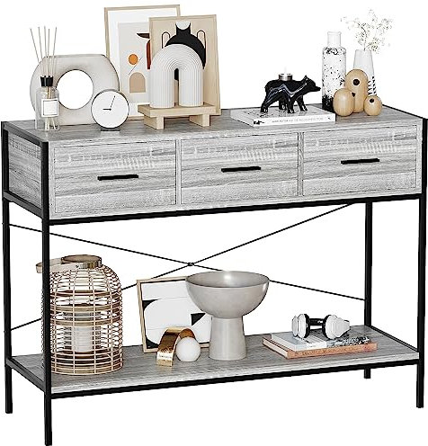 Vida Designs Brooklyn Console Table Hallway Living Room Rustic Shelf Industrial Storage Furniture (Grey, 3 Drawer)