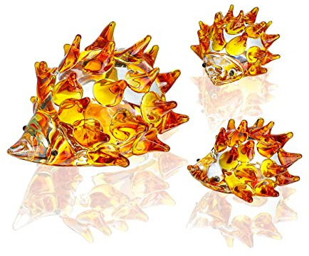 H&D HYALINE & DORA Igel Figuren aus geblasenem Glas Ornament, Glaskunst mundgeblasene Igel Tiere Sammlerstück Geschenk Heimdekoration, 3 Stück