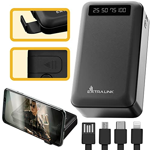 Power Bank 20000mAh 5V, Batterie Externe Charge Rapide, Lightning Mini-USB USB C 4 câbles de Charge intégrés, Support de téléphone,Smartphone Tablet, Batterie Externe, Chargeur Portable