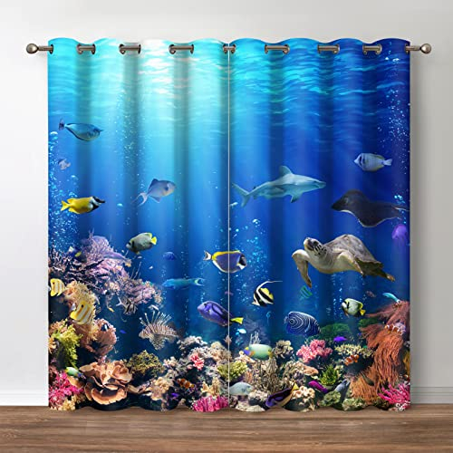 Ozean-Tier-Verdunkelungsvorhänge – blaue Unterwasserwelt, Korallenfische, Hai, Meeresschildkröte, Landschaft, blockierende Vorhänge für Schlafzimmer, Wohnzimmer, Dekoration, 2 Paneele, 132.1x160 cm