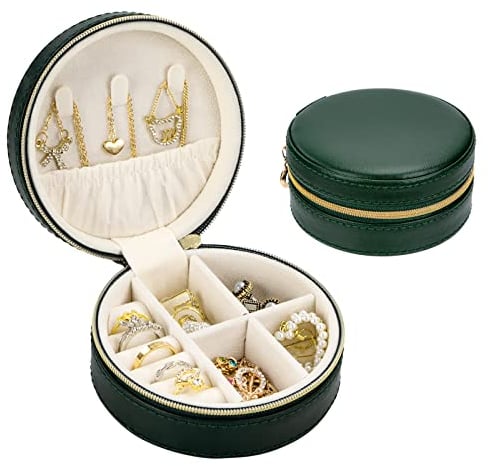 Newellsail Schmuckkästchen Rund Kleine Schmuckbox PU-Leder Reise-Schmucketui mit Reißverschluss Tragbar Schmuck Organizer Aufbewahrung für Ringe Ohrringe Halsketten Armbänder (Dunkelgrün)