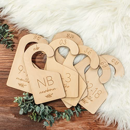 Beautiful Wooden Baby Closet Dividers Set of 7 - Double-Sided Organizer for Newborn to 24 Months Size Clothes - Adorable Nursery Decor Hanger Dividers Easily Organize Your Little Girls or Boys Room