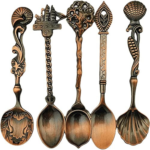 5 Pcs Vintage Coffee Spoons Metal Carved Teaspoon Ice Cream Fruit Dessert Spoons Coffee Espresso Tea Spoon Cutlery Set