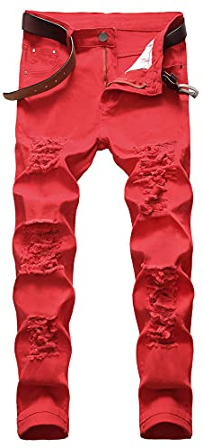 Baylvn Men's Ripped Distressed Destroyed Straight Slim Fit Denim Jeans, Red, 30