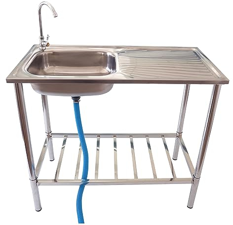 Lemodo Outdoor Spüle | Edelstahl Spültisch mit Wasserhahn | Spülbecken mit Siebeinsatz | Edelstahlspüle zur Erweiterung der Outdoorküche | Nutzbar als Pflanztisch und zur Reinigung von Gartenwerkzeug