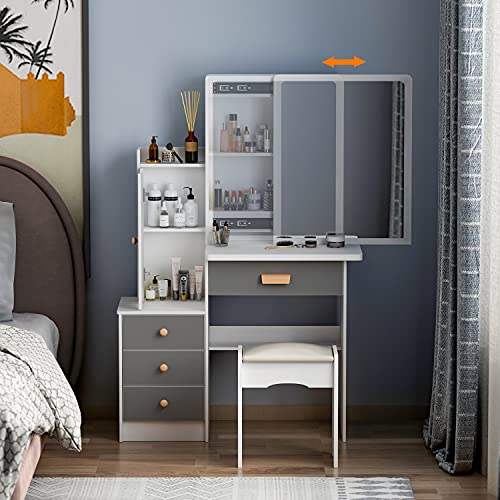 Caldion Schminktisch mit Große Schiebespiegel, Schminktische Kosmetiktisch mit 4 Schubladen,Frisiertisch mit Hocker Grau 135 * 36 * 90