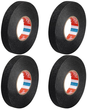 Ruban Adhésif Tissu Auto, 4 Pièces Bande Auto-adhésive Isolant Noir 15mm/15m Tape Chiffon de Voiture, Bande de Harnais de Câblage Résistant à la Chaleur, pour Voiture Moto Moteur Électrique
