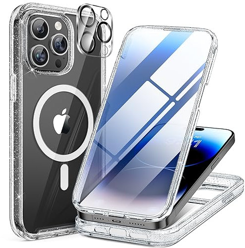 Miracase Magnetic Case for iPhone 15 Pro Case 6.1-Inch, Full Body Bumper Case Compatible with MagSafe and Built-in 9H Tempered Glass Screen Protector + Camera Lens Protector (Clear Glitter)
