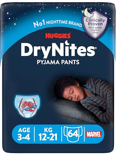 HUGGIES DryNites Pyjama Pants, Boys 3-4 Years (12-21KG), 64 x Bedwetting Pants, Up to 100% Leak Free Nights