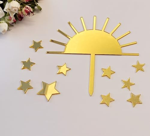 Sonnen-Kuchenaufsatz mit Sternen, Acryl, Halbsonne, Cupcake-Topper mit leuchtenden Sternen, Sonnenschein, Party-Dekoration, Set mit 11 Stück für die Sonnen-Party-Dekoration (goldener Spiegel)