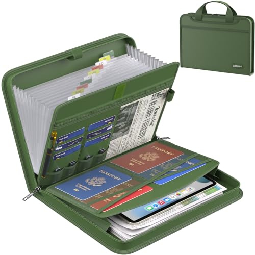 ENGPOW Accordion File Organizer,Fireproof Expanding File Folder with Multi Pockets,13 Pockets Document Organizer with Handle & Labels,Portable Home Travel Safe Storage for Letter A4 Files,Green