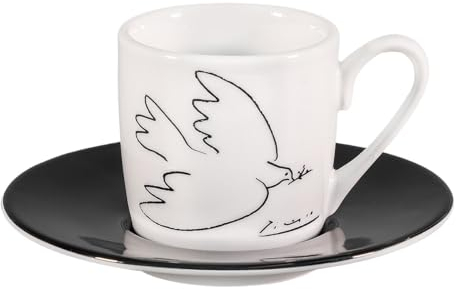 tea4chill Könitz Espresso Tasse Picasso Friedenstaube. Kaffeetasse 65ml aus Porzellan. Espressotasse modern, schwarz-weiß