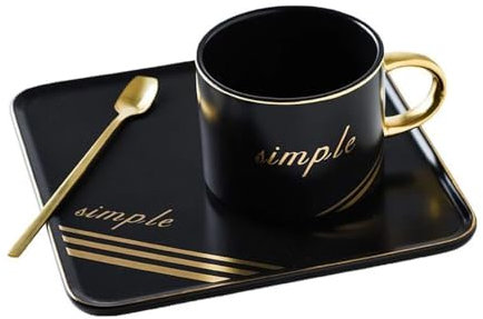 eKsdf Espresso Tassen Set Kaffeetasse 200ml Espressotassen mit Unterteller und Löffel Mokkatasse Keramik kaffeebecher mit Goldrand für Espresso, Latte, Café, Mokka, Tee (Schwarz)