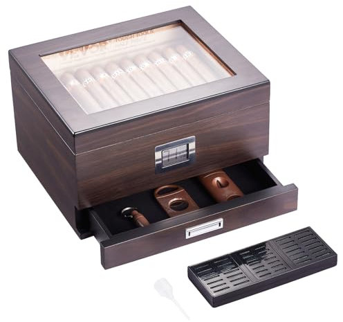 VEVOR Zigarren-Humidor, Humidorbox mit Glasdeckel, Handgefertigte Zigarren-Schreibtischbox aus Spanischem Zedernholz, Zigarren-Aufbewahrungsbox mit Trennwand & Zubehörschublade, 30–50 Zigarren