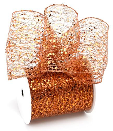 LIZLOVESS Copper Glitter Mesh Wired Ribbon 4 X 10 Yards Burnt Orange Ribbon Webbed Terracotta Sequin and Glitter Christmas Ribbon for Tree Decoration, Garlands and Swags, Home Decor, Wreath Supplies
