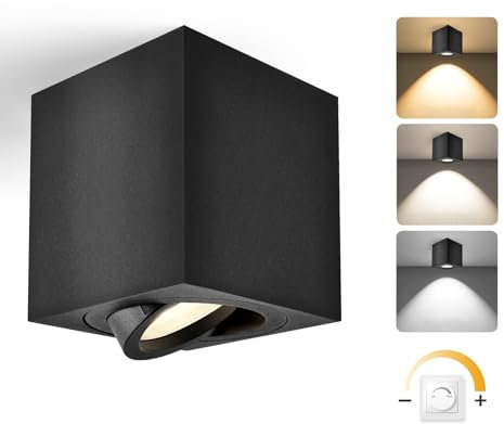 YindaLux LED Aufbauspots Schwarz 30° Schwenkbar Ø80x84mm Deckenspots Dimmbar, inkl. 5W 500LM LED Modul 230V, 3000K/4000K/6500K, Aluminium Aufputz Spots Modern Aufbaustrahler Eckig 1 Stück
