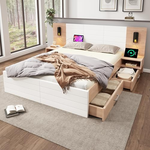 Zravenna Bett 160x200 mit Stauraum, Holzbett Stauraumbett mit 2 Schubladen, Multifunktionales Kopfteil mit Nachttisch, Modernes Doppelbett Bettgestell mit Lattenrost, Eiche/Weiß
