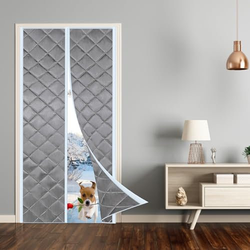 Magnétique De Porte d'hiver Chaud, 175x210cm vent Imperméable Isolation Phonique pour Porte d Entrée Intérieur/Patio/Coulissante(Gris)