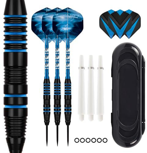 ZLFCypheria 3 stück Dartpfeile mit Metallspitze, Profi Steeldarts mit Metallspitze Steeldarts Set, mit 3 Flights 3 Aluminium Schaft 12 Anti-Lose Gummiringe, 1 Dart Case (Blau)