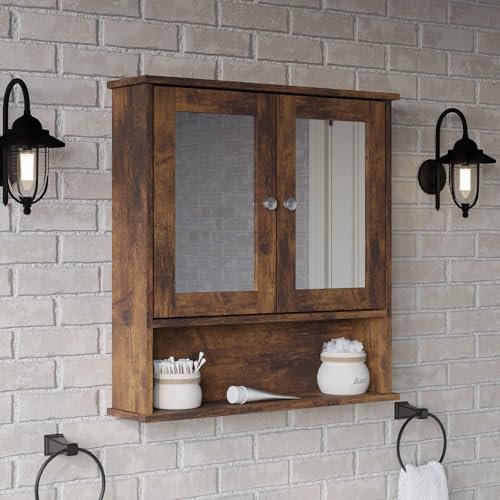 URBNLIVING Wall Mirror Cabinet Multi-Functional Mirror with Concealed Shelves, Wall-Mounted, Sleek and Modern Design, Ideal for Small Spaces, Perfect for Home Décor and Storage Needs Rustic Brown