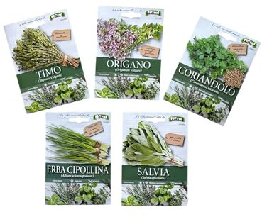 FIORAL-OFFERTA 5 BUSTE Di Semi Da Piantare-Timo, Origano, Erba Cipollina, Coriandolo,Salvia. Sementi Selezionate e di Alta Qualità. L'ortolano Fioral.