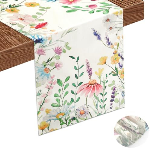 Mode Gänseblümchen Tischläufer Frühling Leinen Modern, Blumen für Hochzeit Küche Draußen Urlaub Party Wohnzimmer Tischdeko (33 x 120 cm)