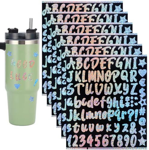 Nogeqi 6 Blatt Buchstaben Aufkleber, Klebebuchstaben Wetterfest, Lasermuster Sticker Buchstaben zum Aufkleben, Letter Stickers Kreatives Persönliches Becher Zubehör für Diy Scrapbook Grußkarte