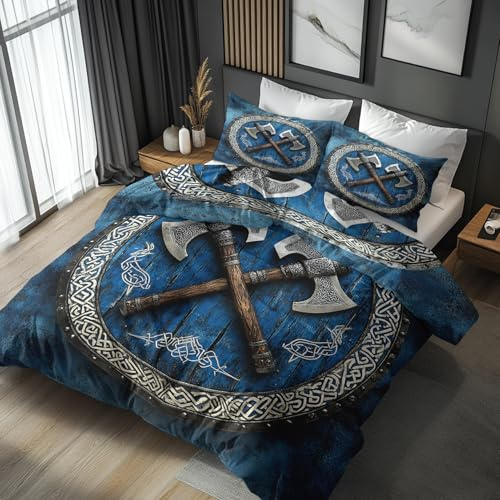 Generisch Bettwäsche Wikinger 140x200, Nordische Mythologie Axt Keltischer Knoten Motiv Wendebettwäsche & Deko, Weiche Microfaser Bettbezug mit Reißverschluss und 1 Kissenbezug 70x90, 2tlg - ASD3869