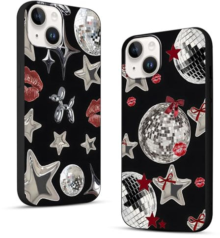 Zrutru 2 Pack Cool Y2K Phone Case for iPhone XR 6.1,Y3K Cute Stars Kawaii Bow Cases Lips Print Disco Ball Red Ribbon Pattern Cover,Black Slim Protection Funda for Women Teens for iPhone XR